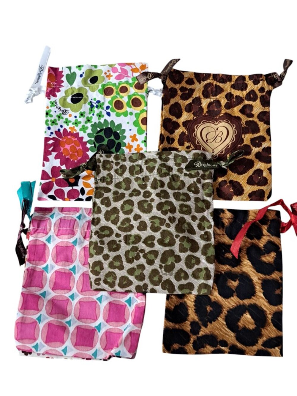 Lot Of 5 Brighton Drawstring Jewelry Multi Color Fabric Dust Bags Small 6"x5"